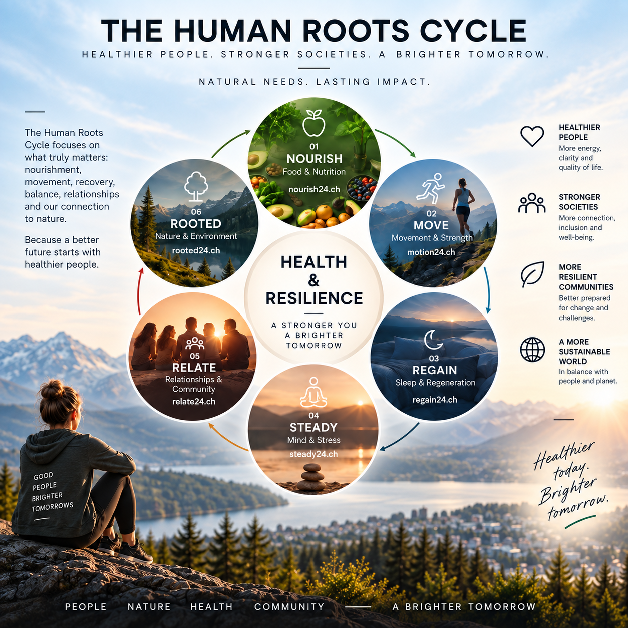 The Human Roots Cycle — nourish, move, regain, steady, relate and rooted around health and resilience